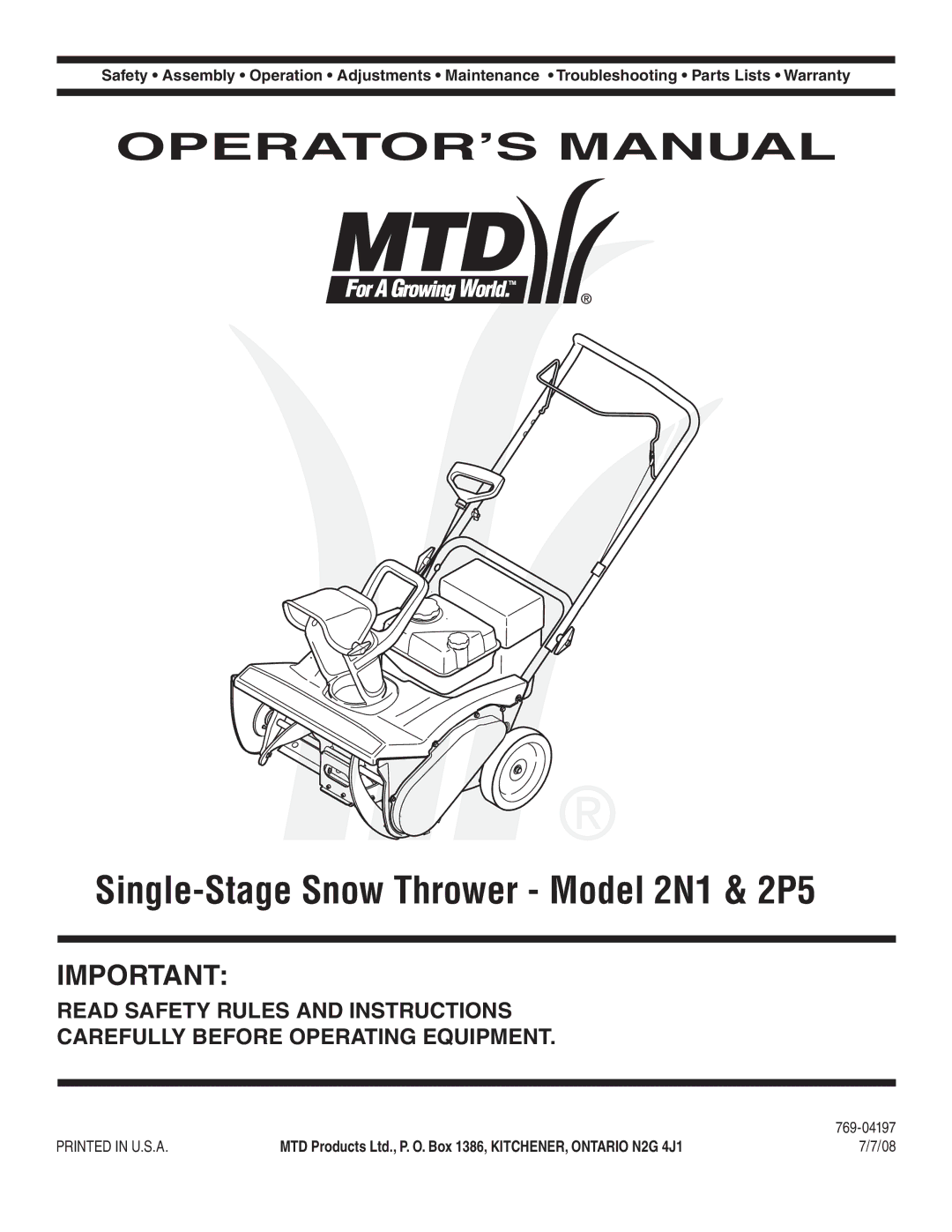 MTD 2N1 warranty OPERATOR’S Manual, 769-04197 