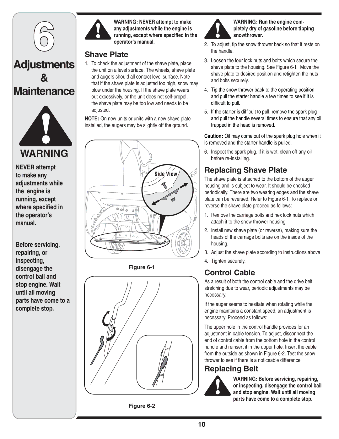 MTD 2N1 warranty Adjustments Maintenance, Replacing Shave Plate, Control Cable, Replacing Belt 