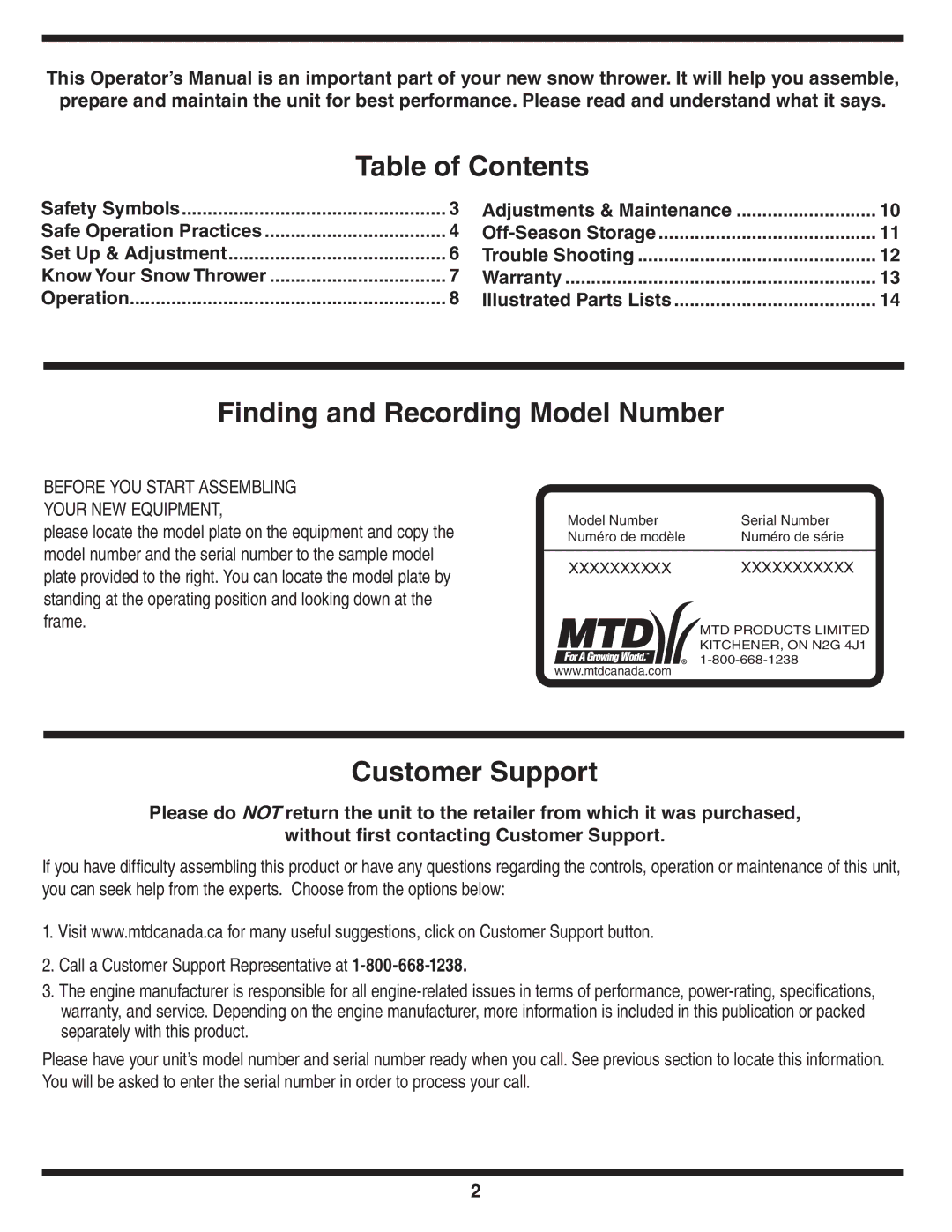 MTD 2N1 warranty Table of Contents 