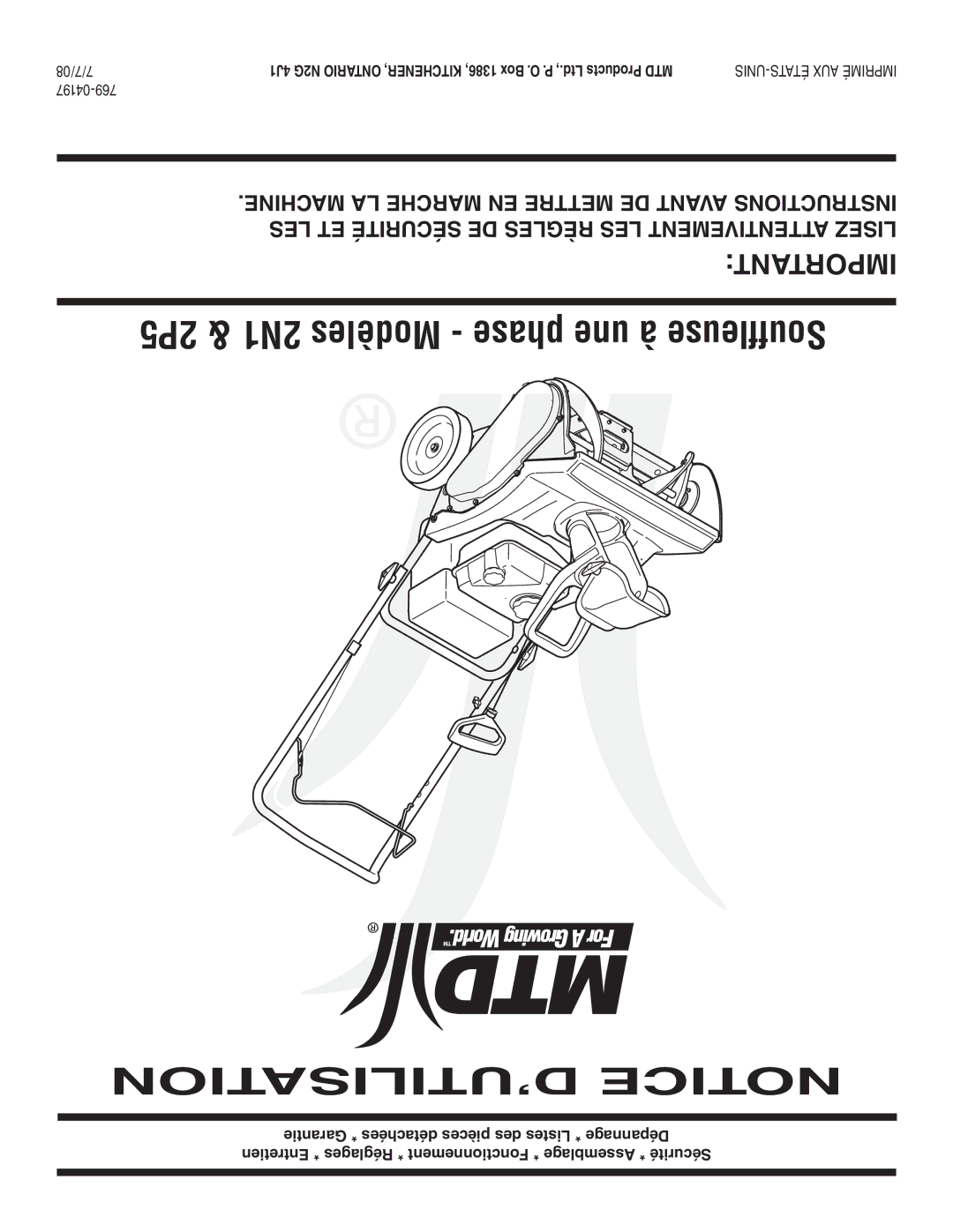 MTD 2N1 warranty ’UTILISATION Notice, 04197-769 