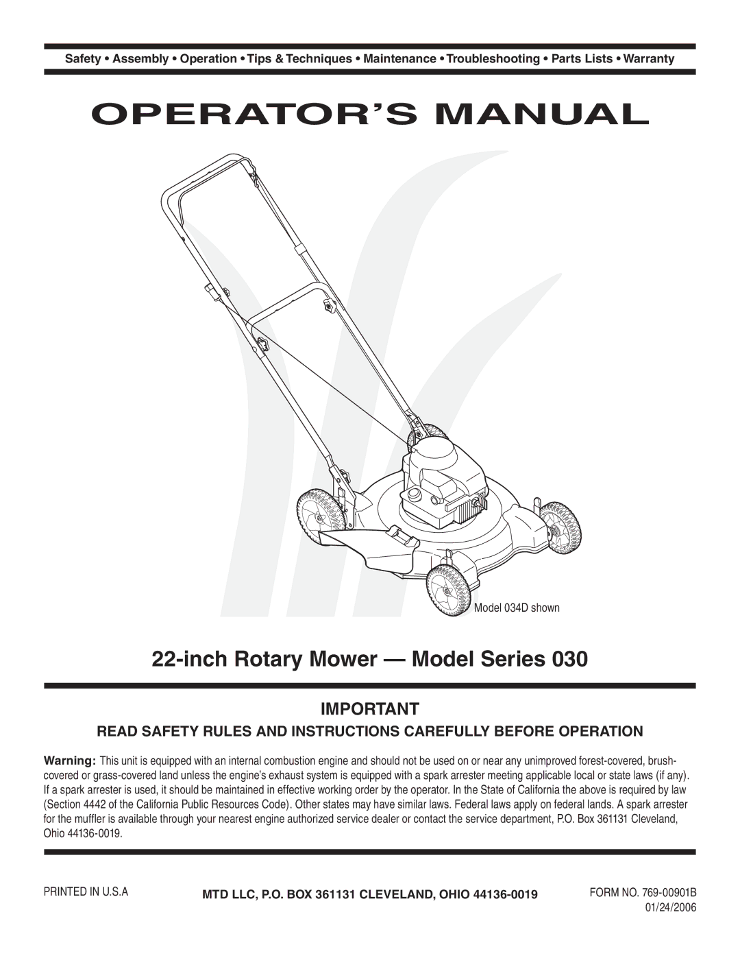 MTD 30 warranty OPERATOR’S Manual, Inch Rotary Mower Model Series 