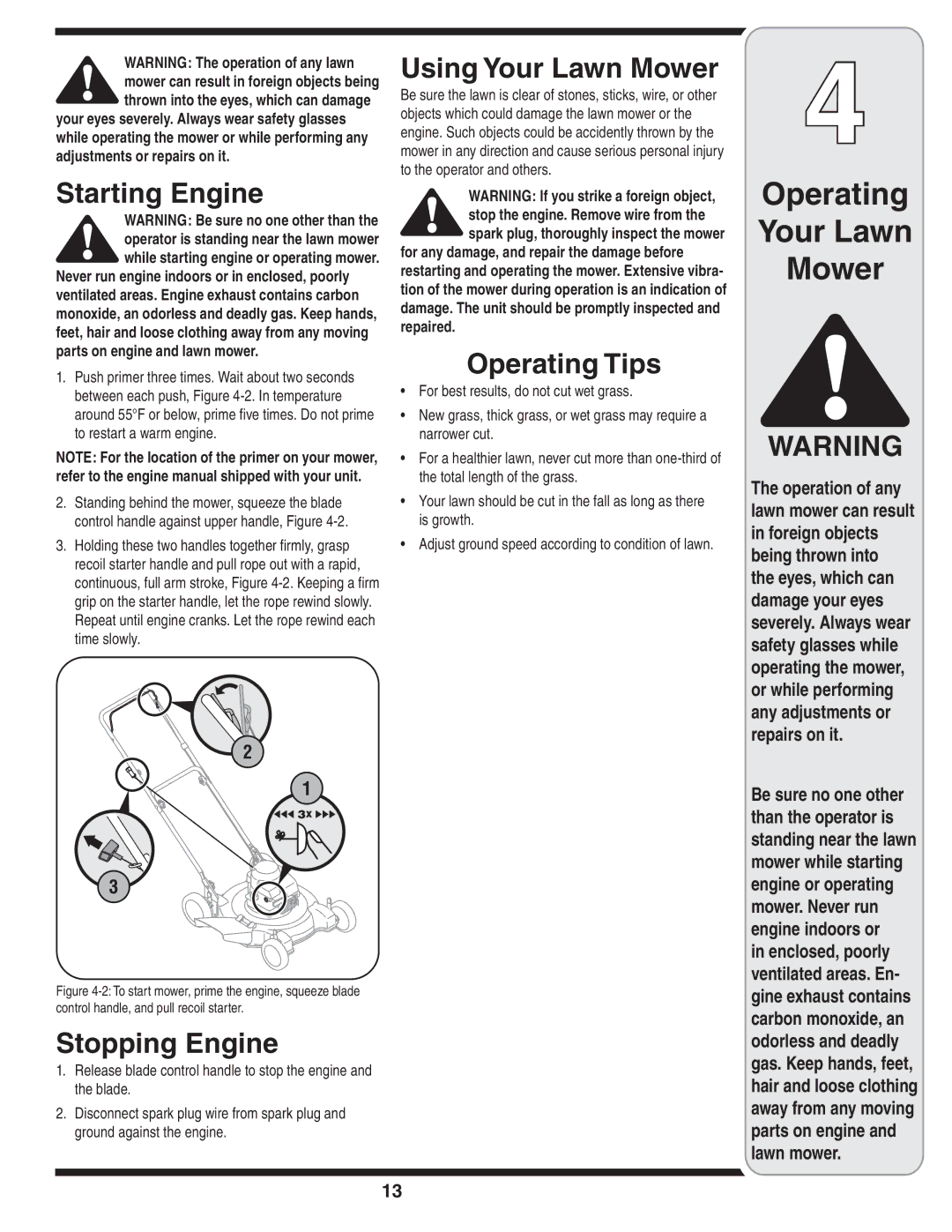 MTD 30 warranty Starting Engine, Using Your Lawn Mower, Operating Tips, Stopping Engine 