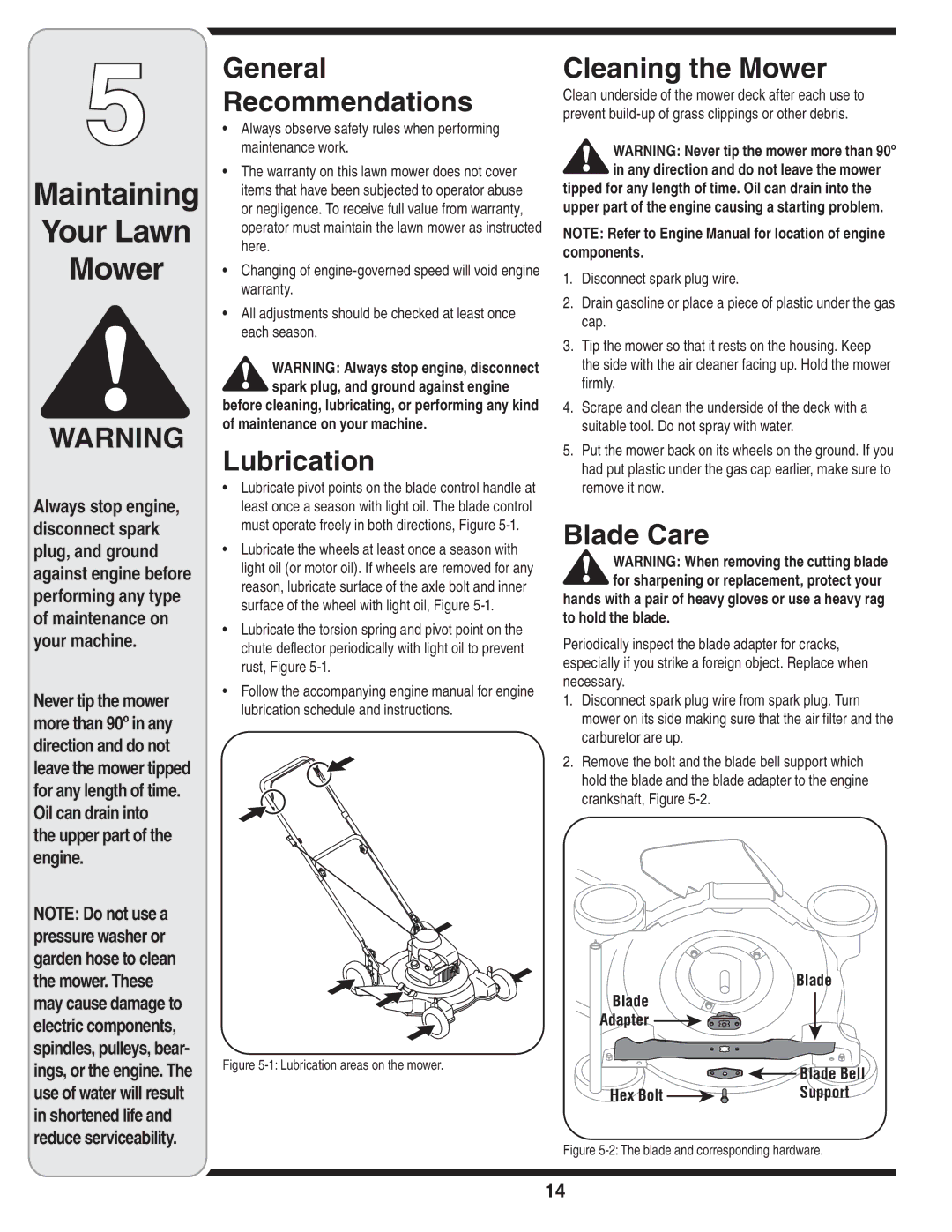 MTD 30 warranty Maintaining Your Lawn Mower, General Recommendations, Lubrication, Cleaning the Mower, Blade Care 