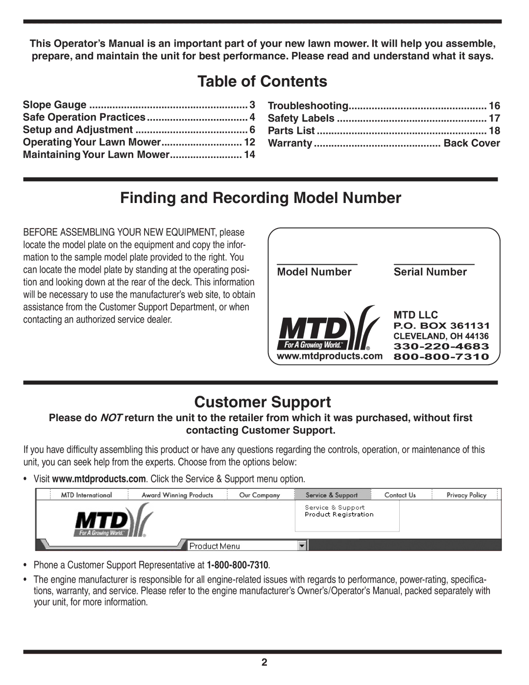 MTD 30 warranty Table of Contents, Finding and Recording Model Number, Customer Support 