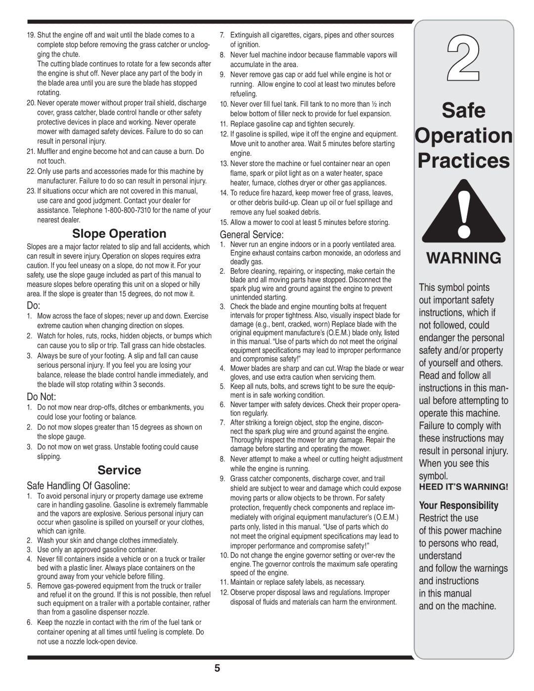 MTD 30 warranty Slope Operation, Service 