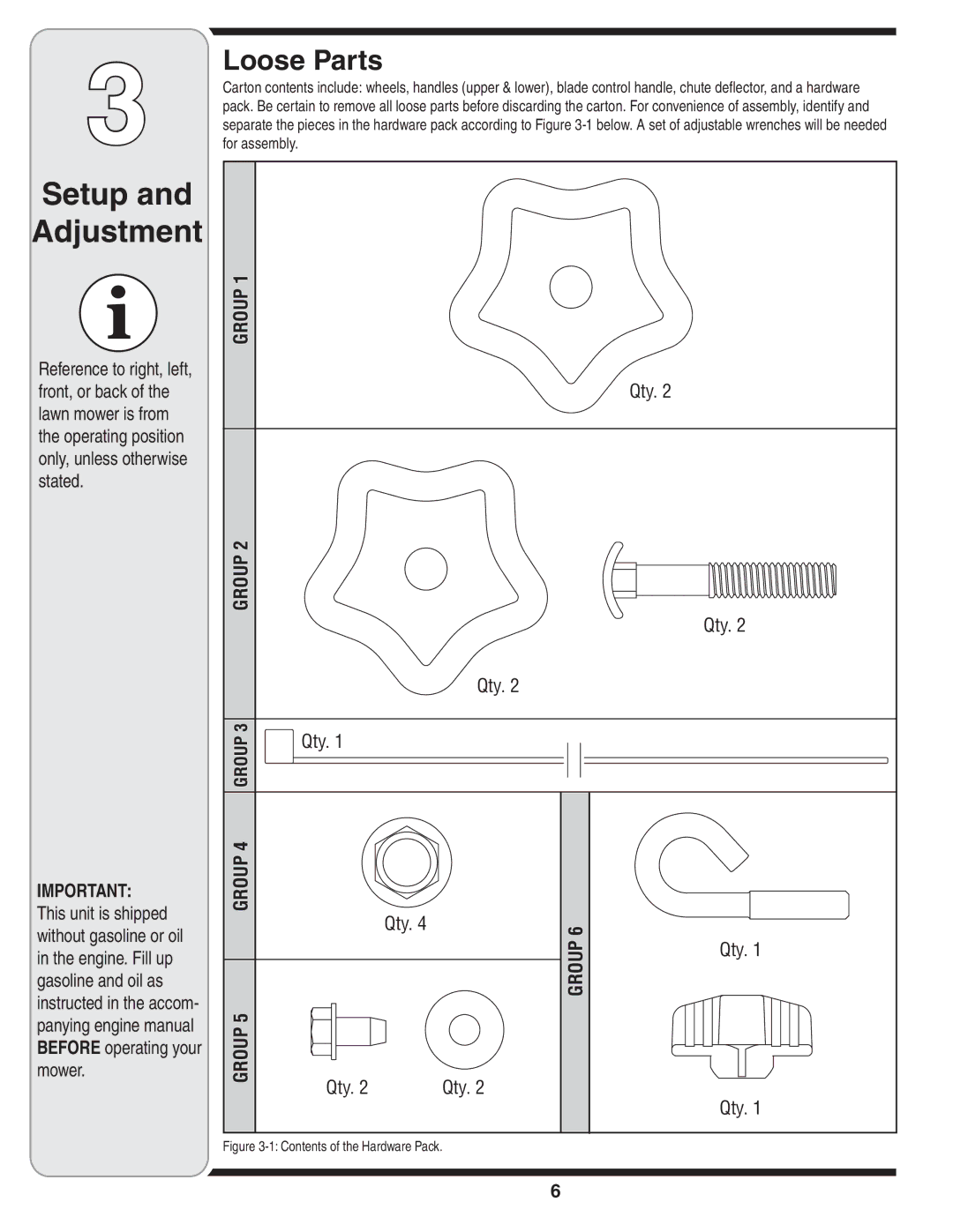 MTD 30 warranty Setup Adjustment, Loose Parts 