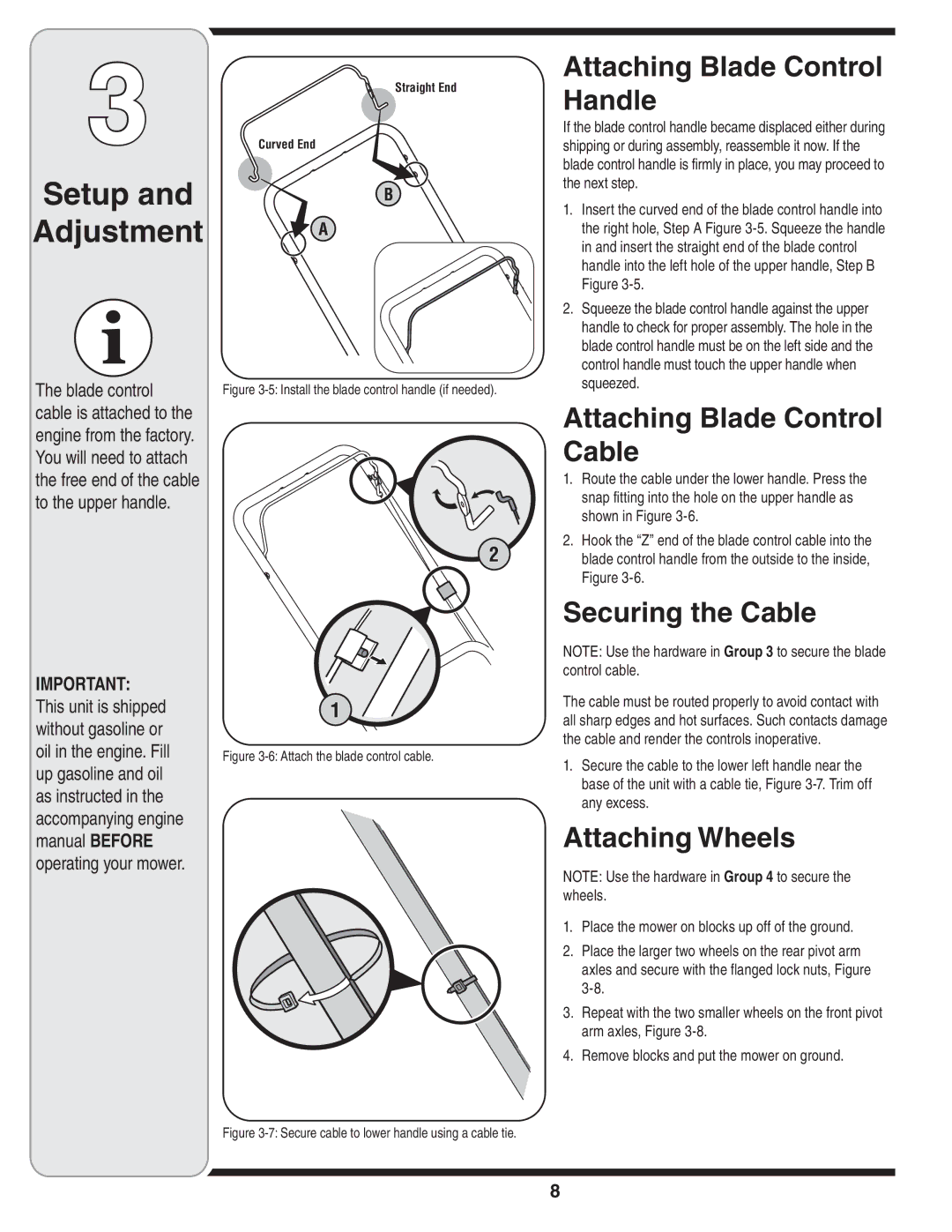 MTD 30 warranty Attaching Blade Control Handle, Attaching Blade Control Cable, Securing the Cable, Attaching Wheels 