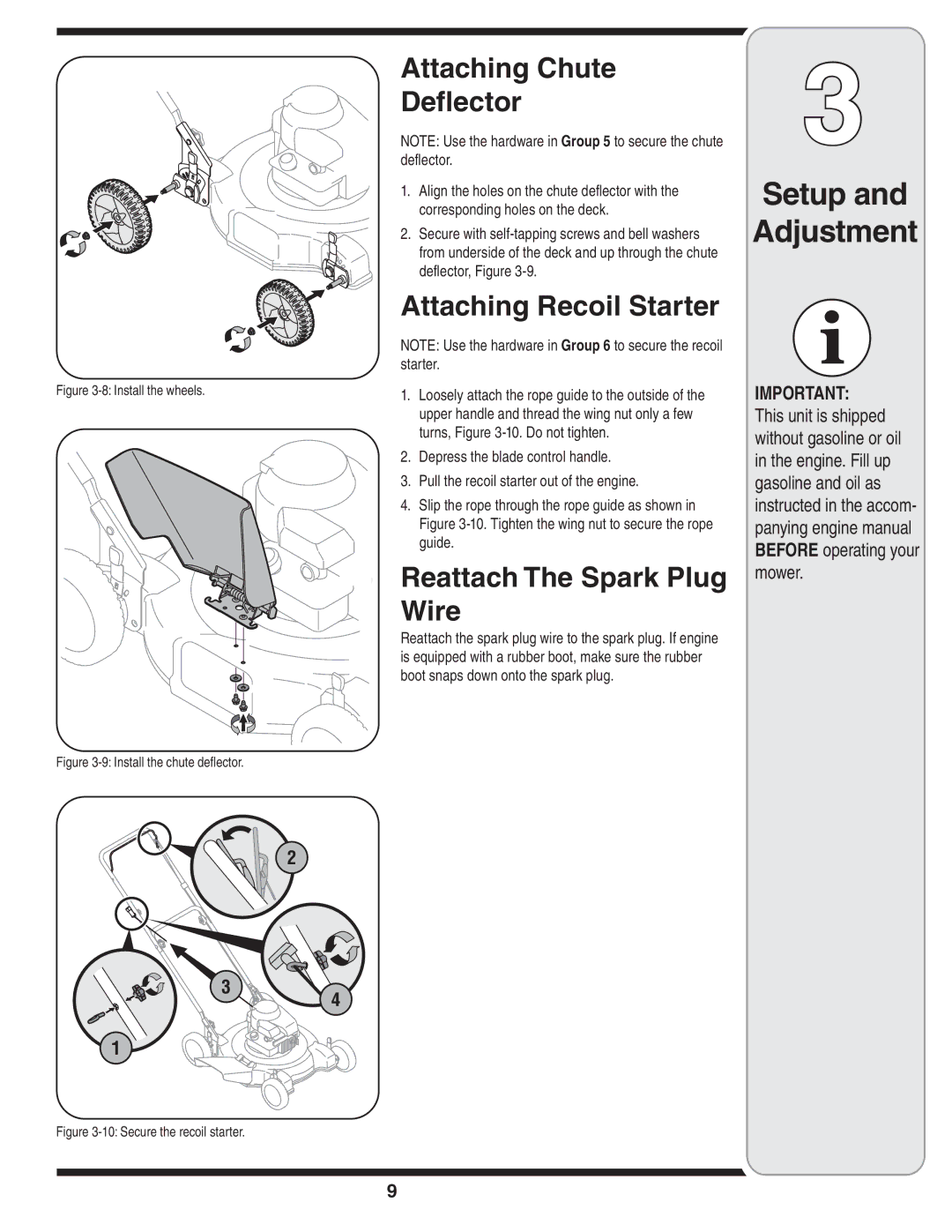 MTD 30 warranty Attaching Chute Deﬂector, Attaching Recoil Starter, Reattach The Spark Plug Wire 