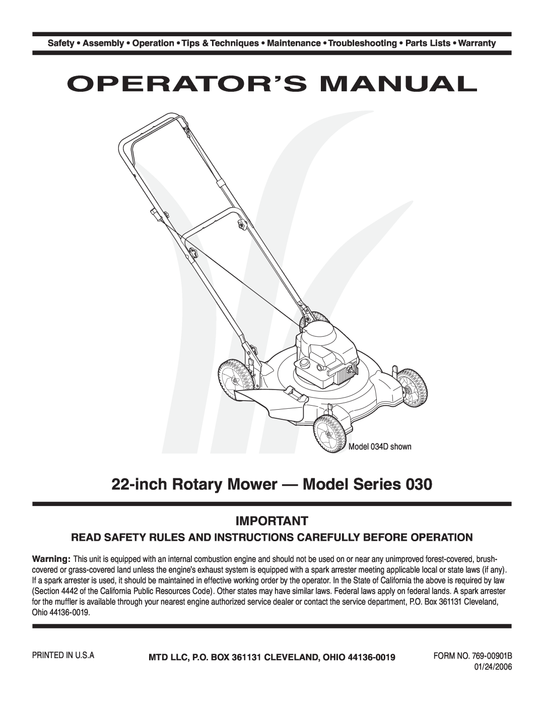 MTD 30 warranty Operator’S Manual, inchRotary Mower - Model Series, MTD LLC, P.O. BOX 361131 CLEVELAND, OHIO 
