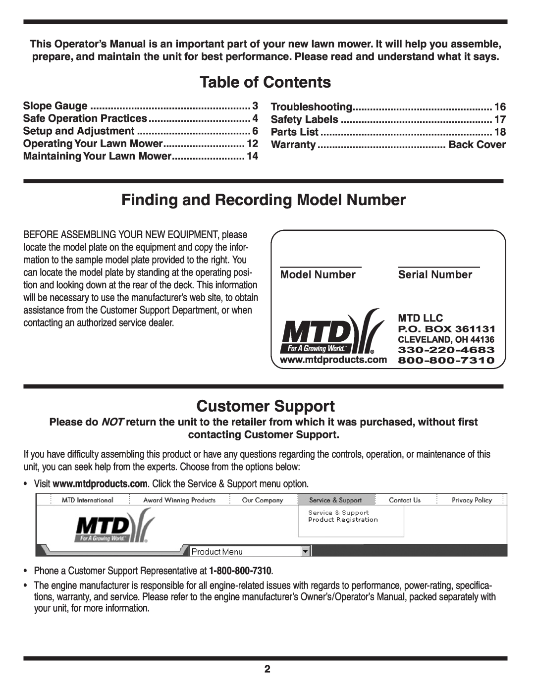 MTD 30 warranty Table of Contents, Finding and Recording Model Number, Customer Support, Serial Number 