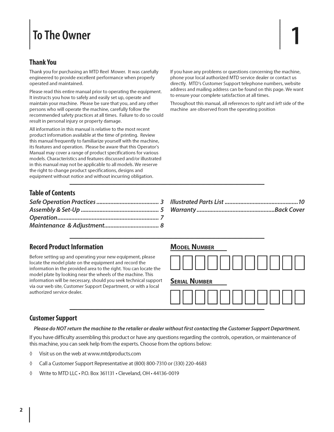 MTD 3000, 3100 warranty ToTheOwner1, ThankYou, RecordProductinformation, 1able Contents, Set-Up 