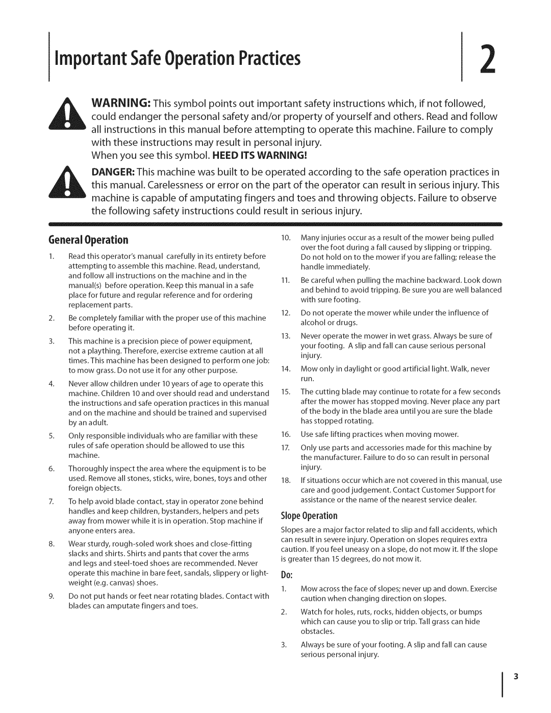 MTD 3100, 3000 warranty GeneralOperation, When you see this symbol. Heed ITS Warning, SlopeOperation 