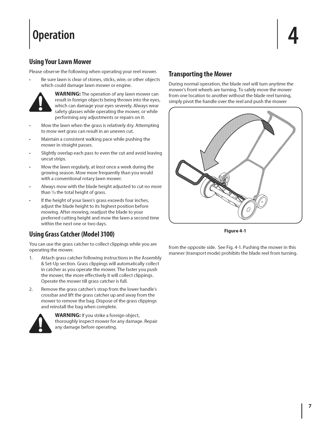 MTD 3000 warranty Operation4, UsingYourLawnMower, UsingGrassCatcherModel3100 Transportingthe Mower 