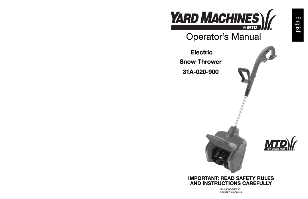 MTD manual Operator’s Manual, Electric Snow Thrower 31A-020-900, English 