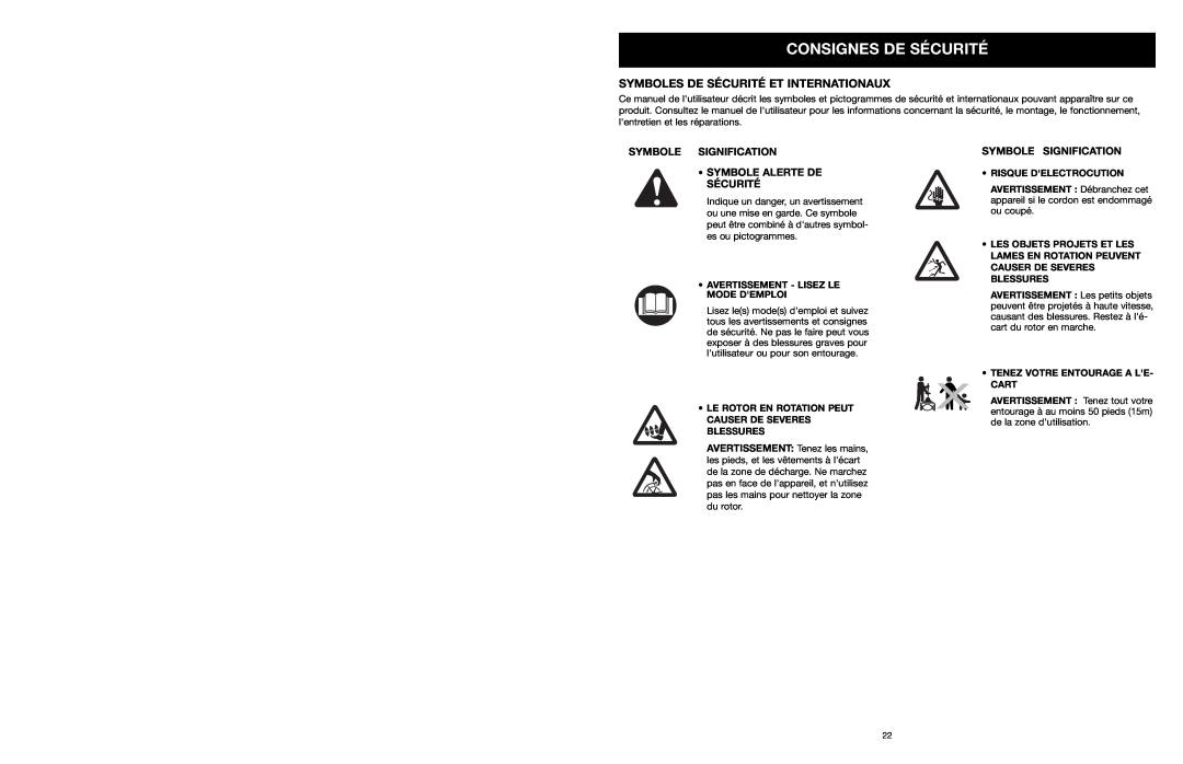 MTD 31A-020-900 manual Symboles De Sécurité Et Internationaux, Consignes De Sécurité, Symbole Signification 