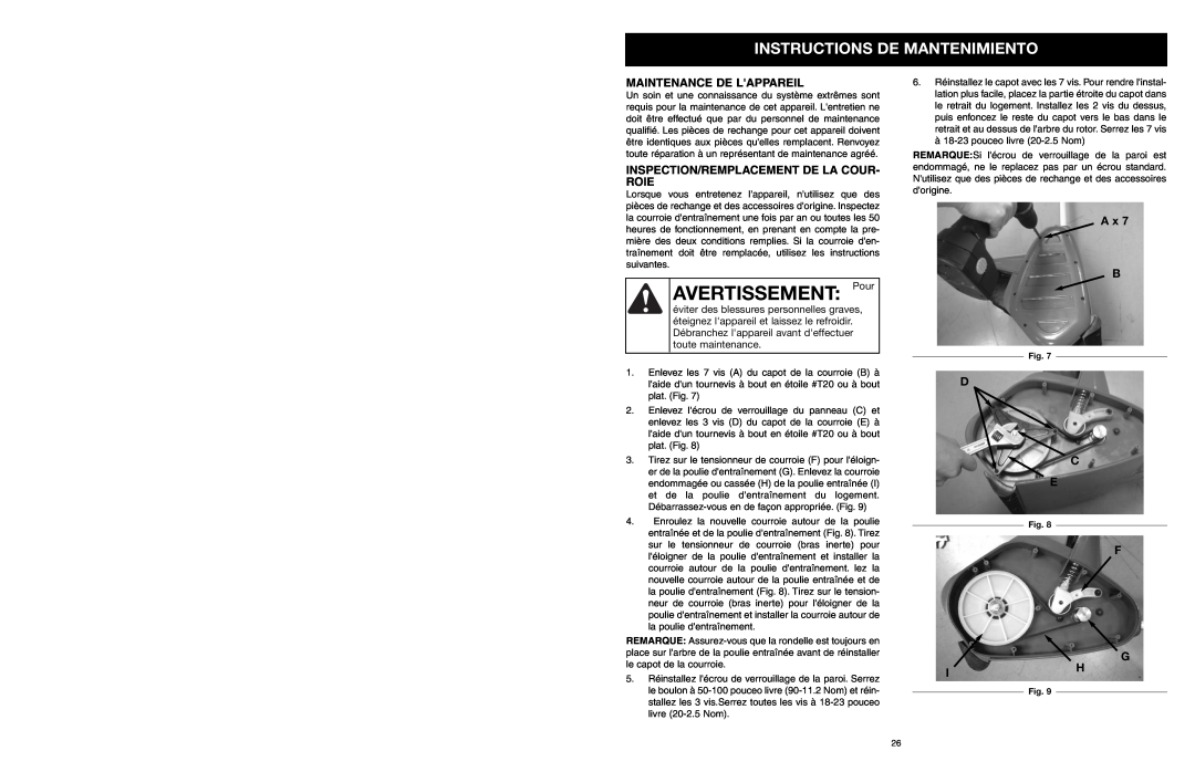 MTD 31A-020-900 manual AVERTISSEMENT Pour, Instructions De Mantenimiento, Maintenance De Lappareil, A x B, D C E, F G Ih 