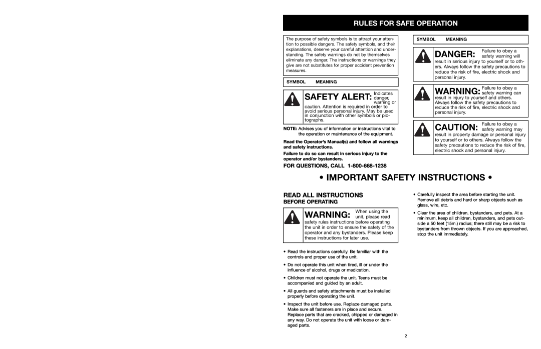 MTD 31A-020-900 manual Important Safety Instructions, Rules For Safe Operation, Read All Instructions, For Questions, Call 