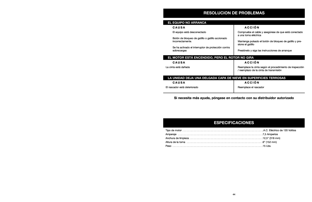 MTD 31A-020-900 manual Resolucion De Problemas, Especificaciones, El Equipo No Arranca, C A U S A, A C C I Ó N 