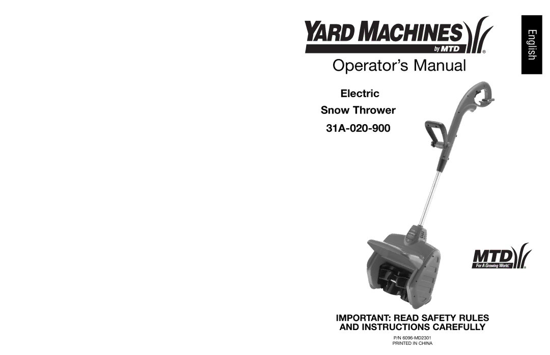 MTD 31A-020-900 manual Operator’s Manual 