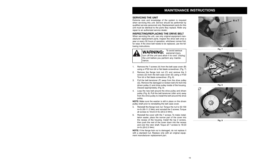 MTD 31A-020-900 manual Maintenance Instructions, Servicing the Unit, INSPECTING/REPLACING the Drive Belt 