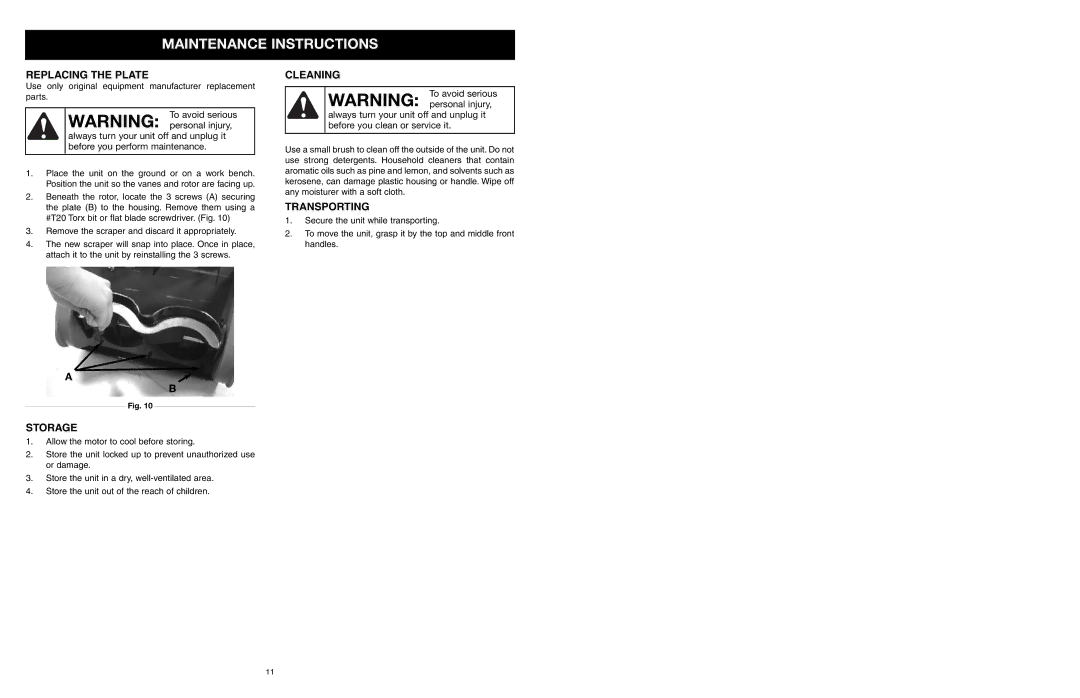 MTD 31A-020-900 manual Replacing the Plate, Storage, Cleaning, Transporting 