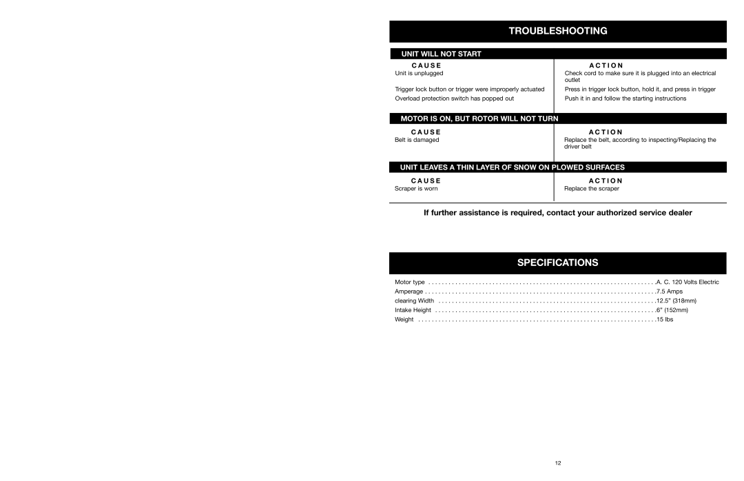 MTD 31A-020-900 manual Troubleshooting, Specifications 