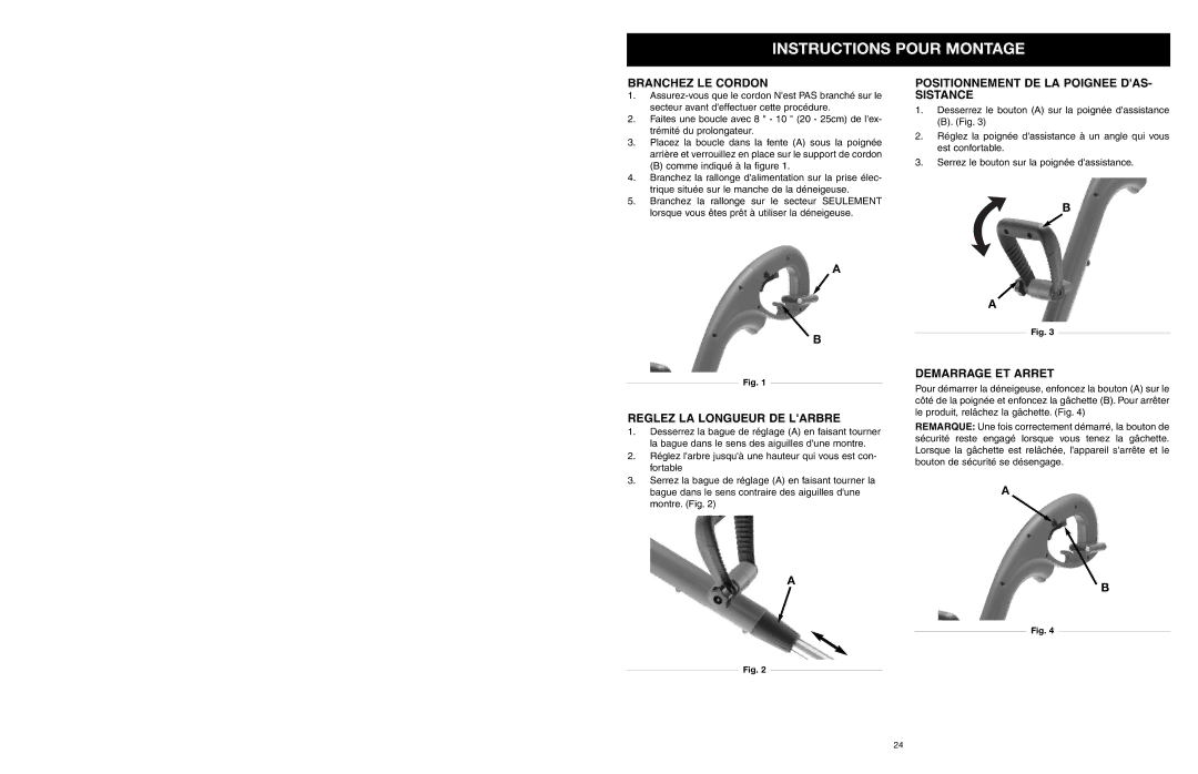 MTD 31A-020-900 manual Instructions Pour Montage, Branchez LE Cordon, Reglez LA Longueur DE Larbre, Demarrage ET Arret 