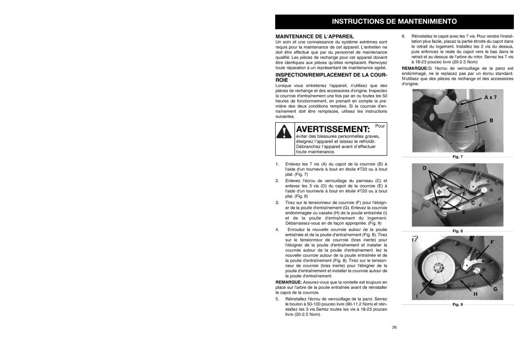 MTD 31A-020-900 manual Instructions DE Mantenimiento, Maintenance DE Lappareil, INSPECTION/REMPLACEMENT DE LA COUR- Roie 