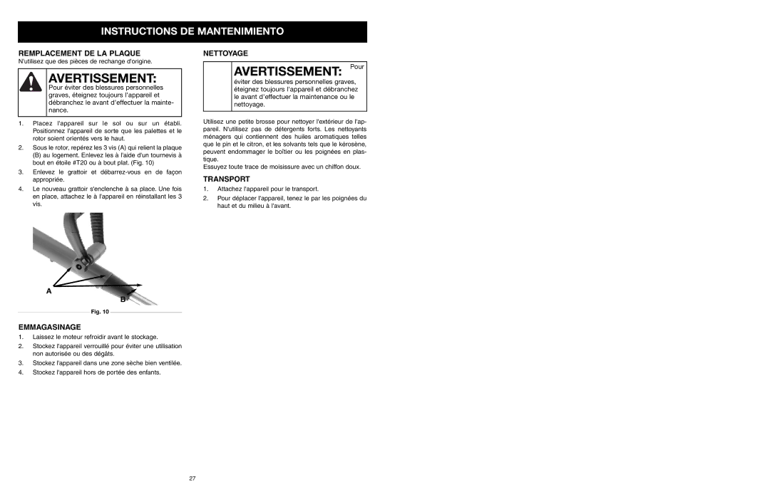 MTD 31A-020-900 manual Remplacement DE LA Plaque, Emmagasinage, Nettoyage, Transport 