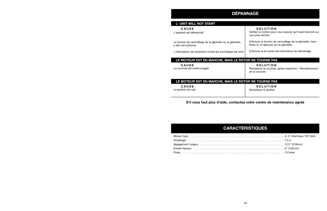 MTD 31A-020-900 manual Dépannage, Caractéristiques 