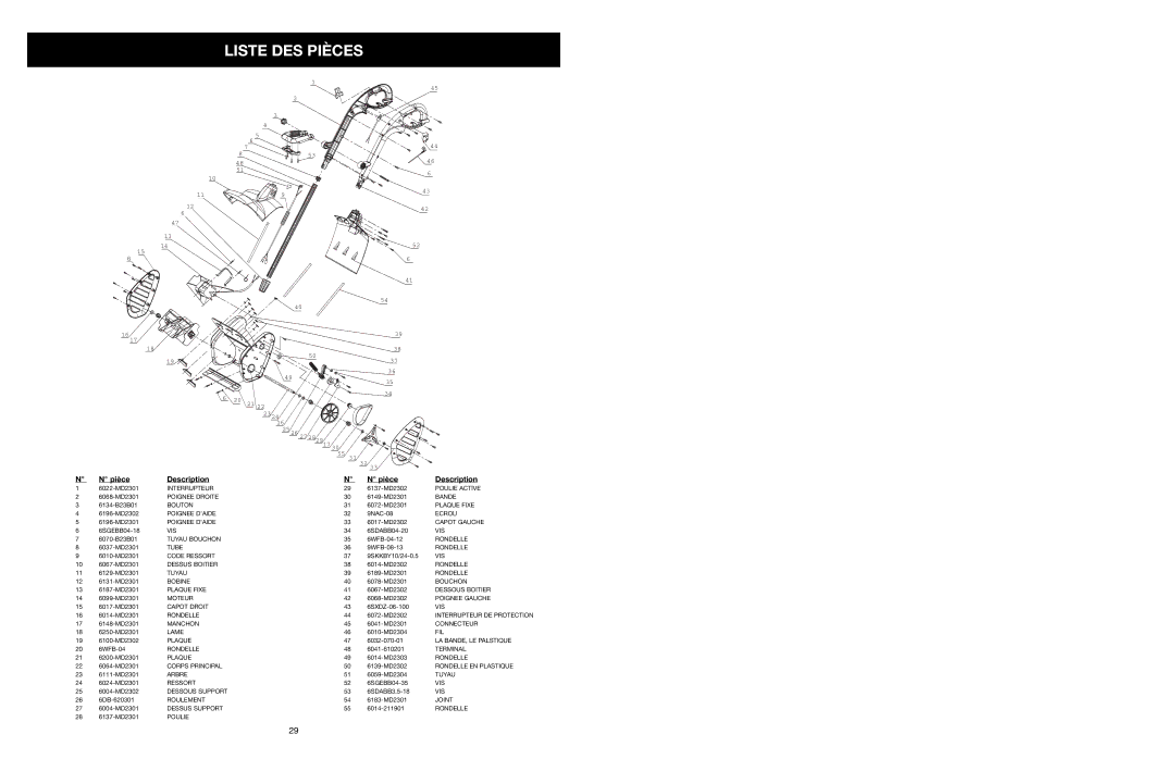 MTD 31A-020-900 manual Liste DES Pièces, Pièce Description 