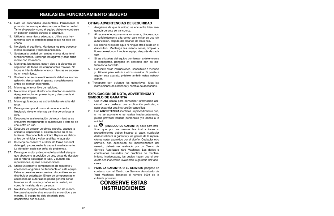 MTD 31A-020-900 manual Otras Advertencias DE Seguridad, Explicacion DE NOTA, Advertencia Y Simbolo DE Garantia 