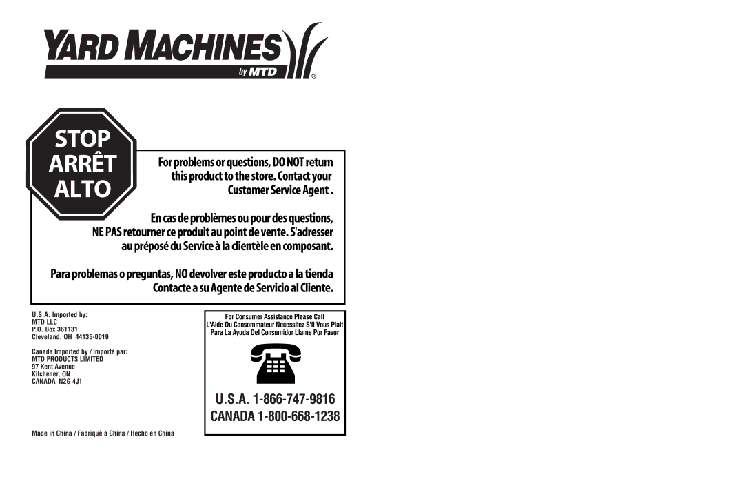 MTD 31A-020-900 manual Stop 