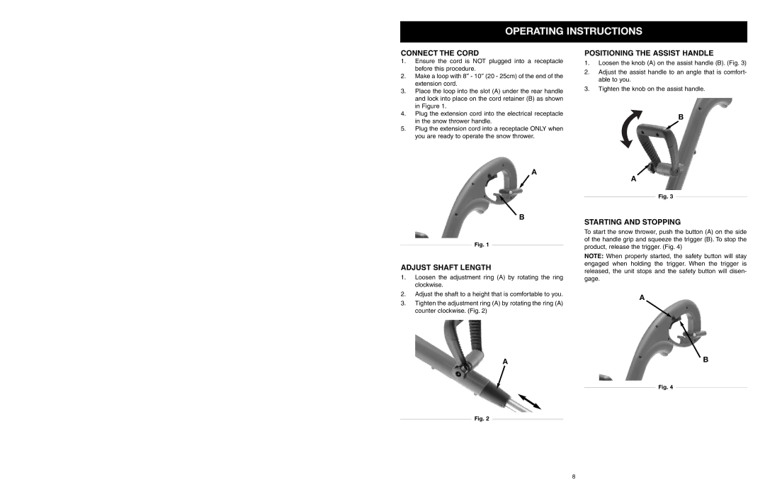 MTD 31A-020-900 manual Operating Instructions, Connect the Cord, Adjust Shaft Length, Positioning the Assist Handle 