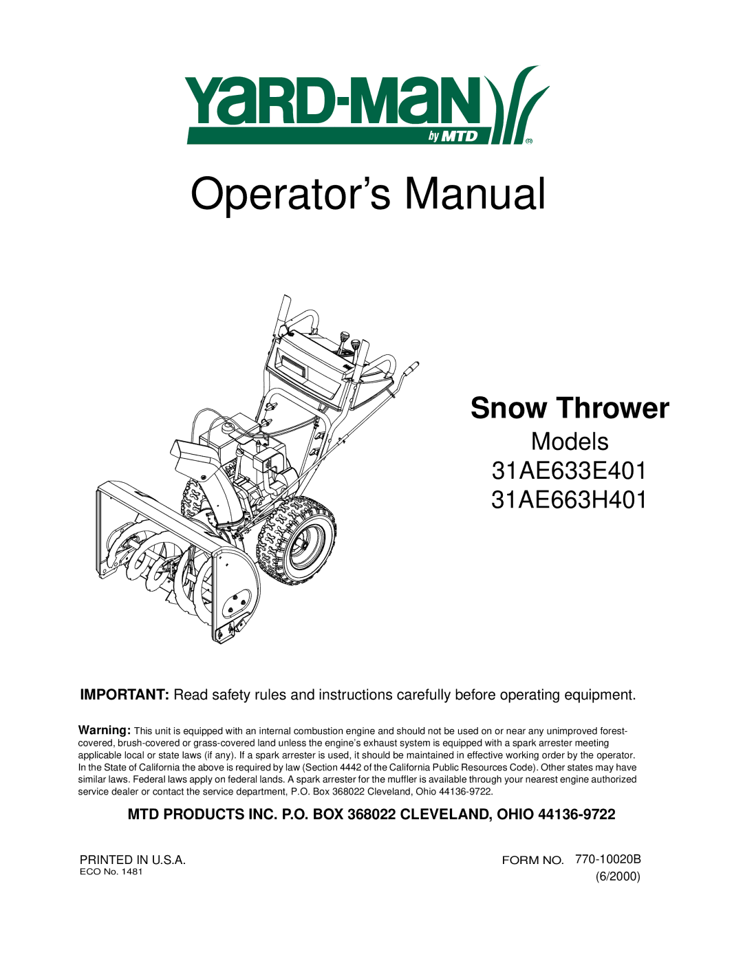 MTD 31AE663H401, 31AE633E401 manual Operator’s Manual 