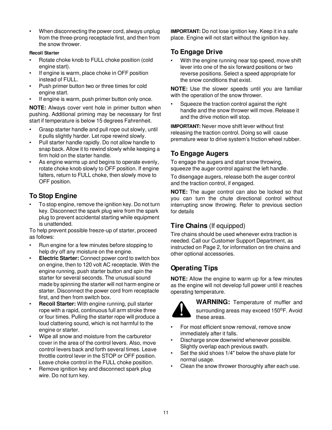 MTD 31AE663H401, 31AE633E401 manual To Stop Engine, To Engage Drive, To Engage Augers, Operating Tips, Recoil Starter 