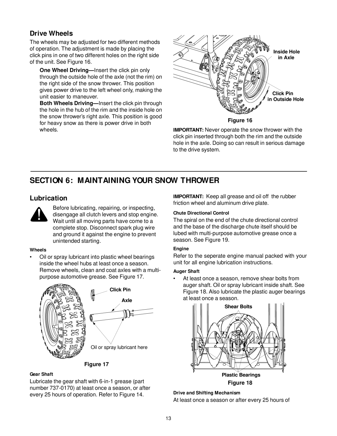 MTD 31AE663H401, 31AE633E401 manual Maintaining Your Snow Thrower, Drive Wheels, Lubrication 