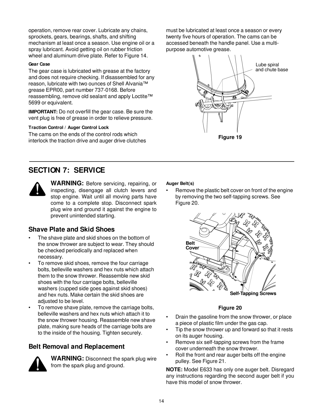 MTD 31AE633E401, 31AE663H401 manual Service, Shave Plate and Skid Shoes, Belt Removal and Replacement 