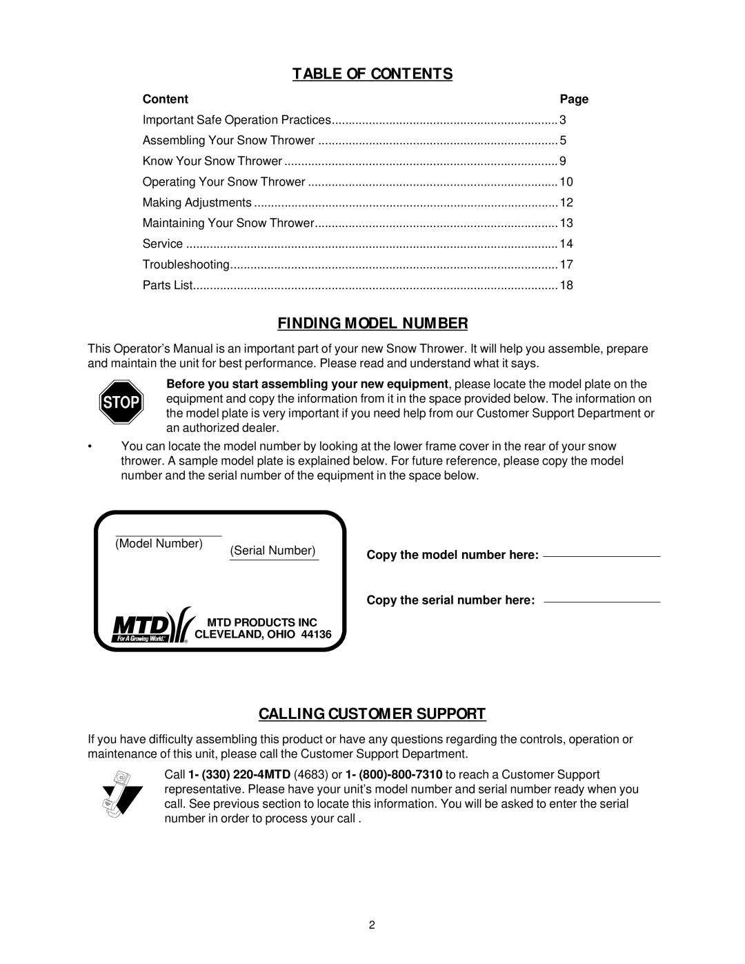 MTD 31AE633E401, 31AE663H401 manual Table of Contents 