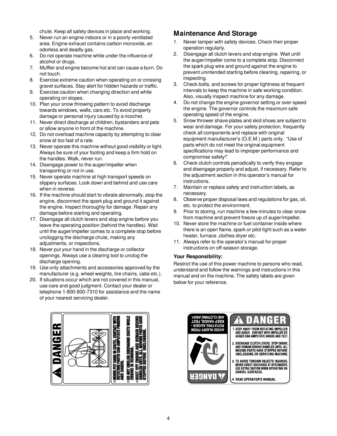 MTD 31AE633E401, 31AE663H401 manual Maintenance And Storage, Your Responsibility 