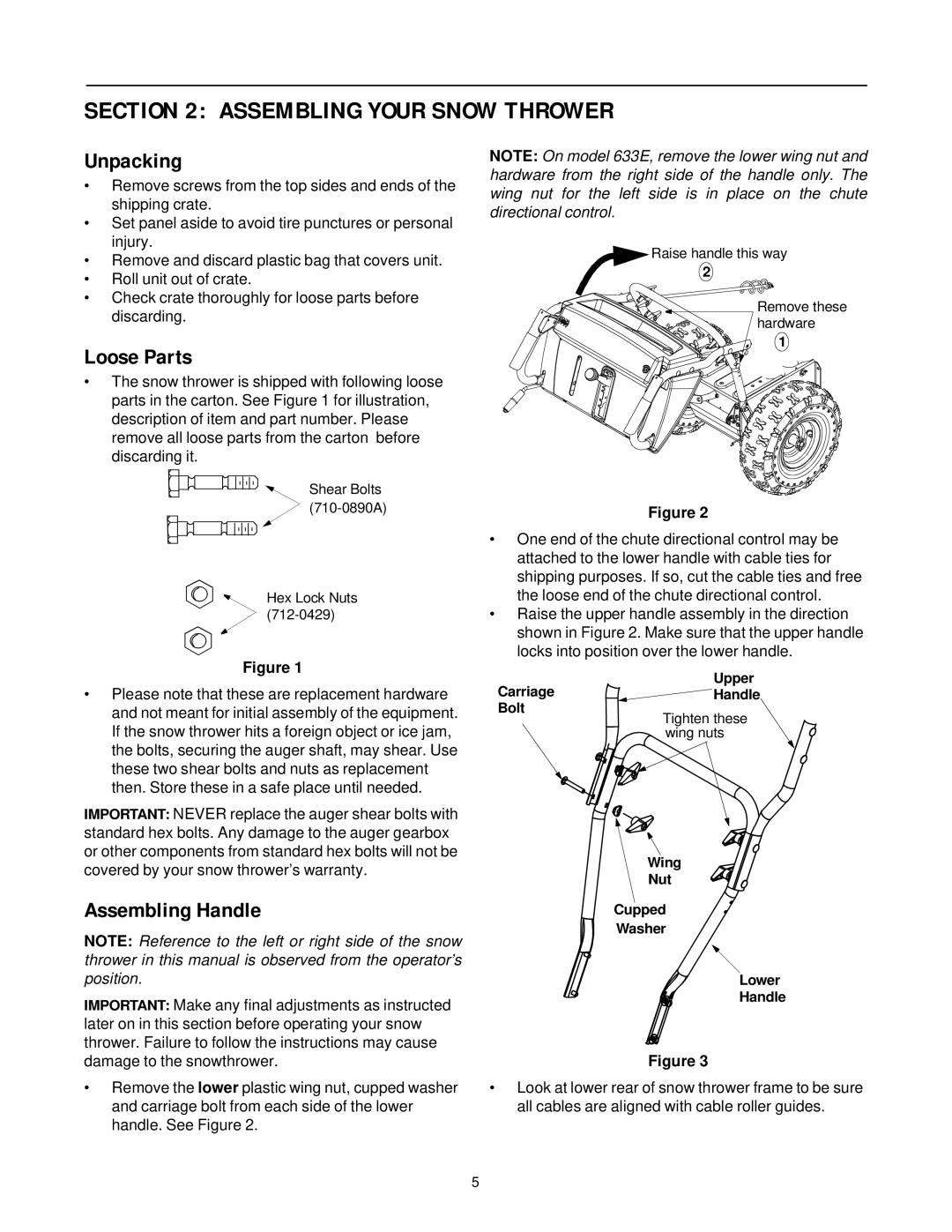 MTD 31AE663H401, 31AE633E401 manual Assembling Your Snow Thrower, Unpacking, Loose Parts, Assembling Handle 