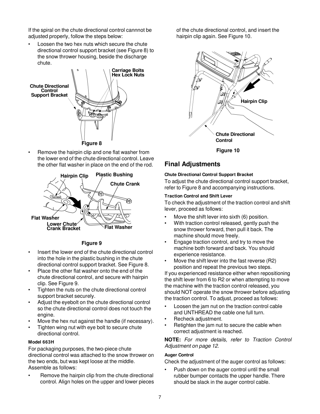 MTD 31AE663H401 Final Adjustments, Model 663H, Chute Directional Control Support Bracket, Traction Control and Shift Lever 