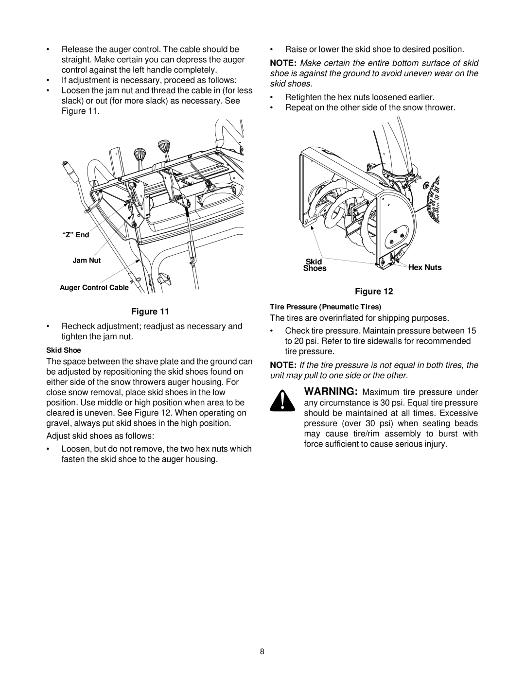 MTD 31AE633E401, 31AE663H401 manual Skid Shoe, Tire Pressure Pneumatic Tires 