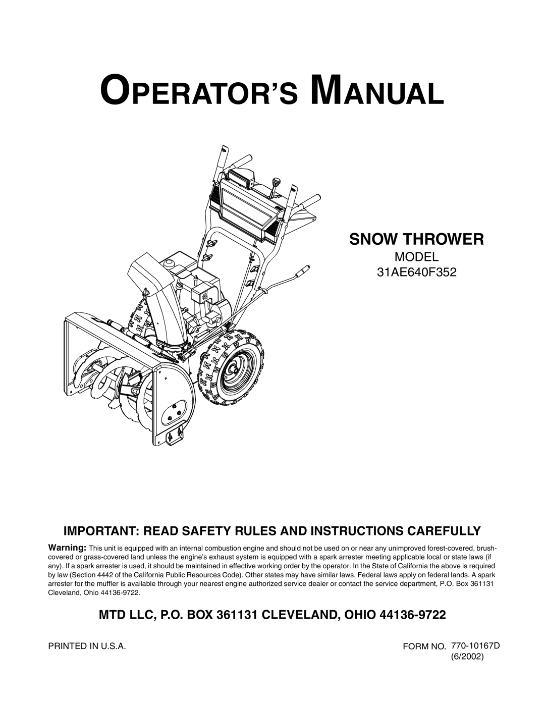 MTD 31AE640F352 manual OPERATOR’S Manual 