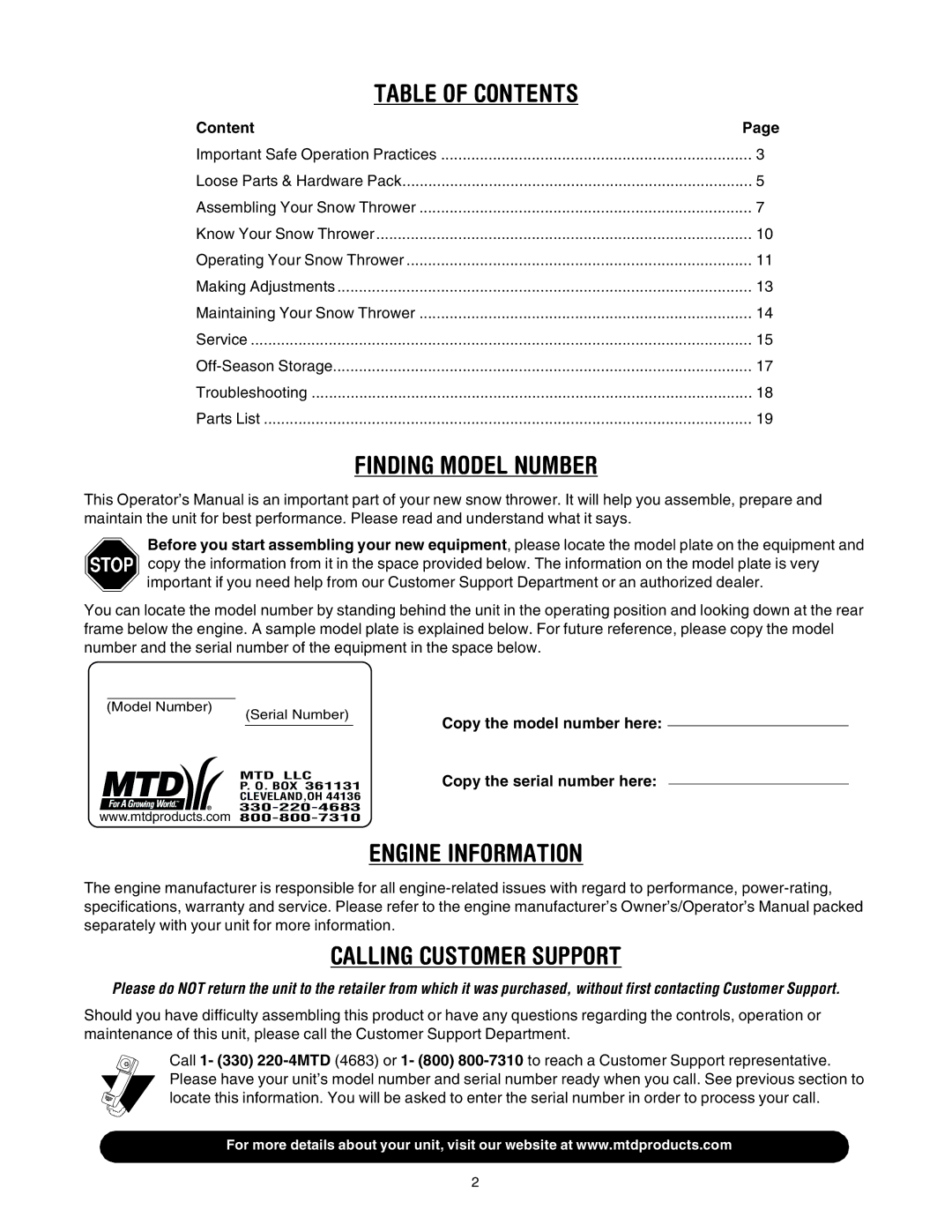 MTD 31AE640F352 manual Table of Contents 