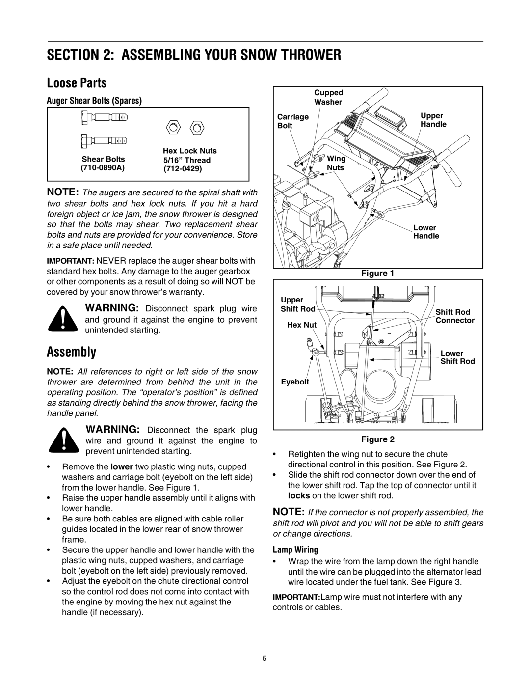 MTD 31AE640F352 manual Assembling Your Snow Thrower, Loose Parts, Assembly, Auger Shear Bolts Spares, Lamp Wiring 