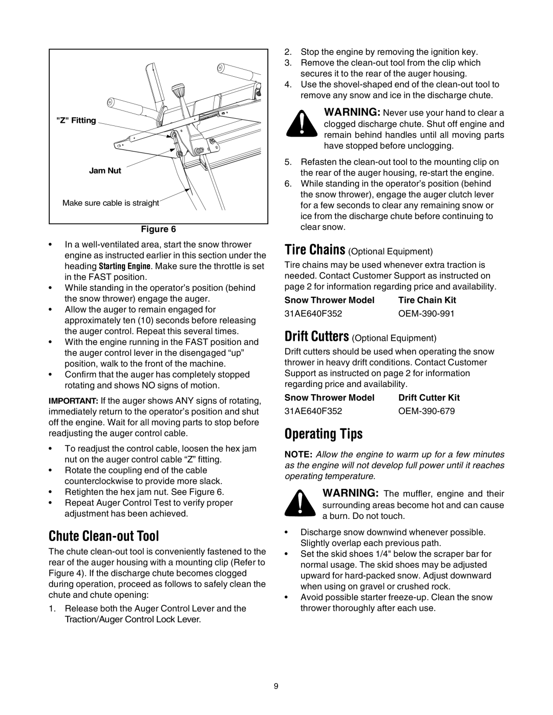 MTD 31AE640F352 manual Chute Clean-out Tool, Operating Tips, Snow Thrower Model Drift Cutter Kit 