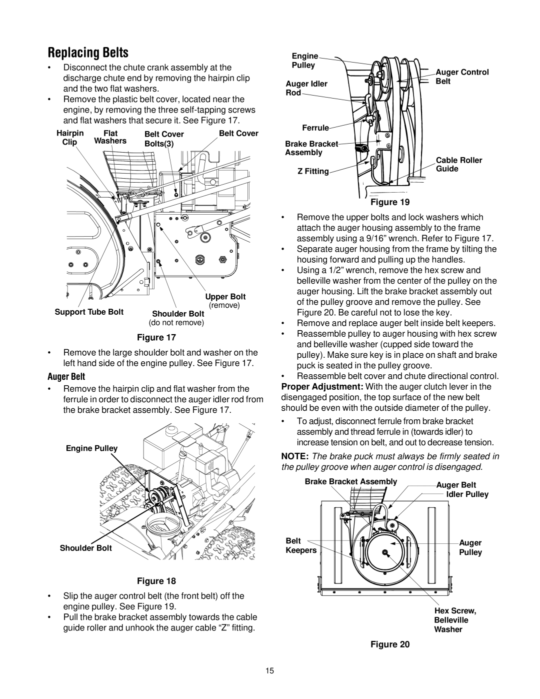 MTD 31AE993I401 manual Replacing Belts, Auger Belt 