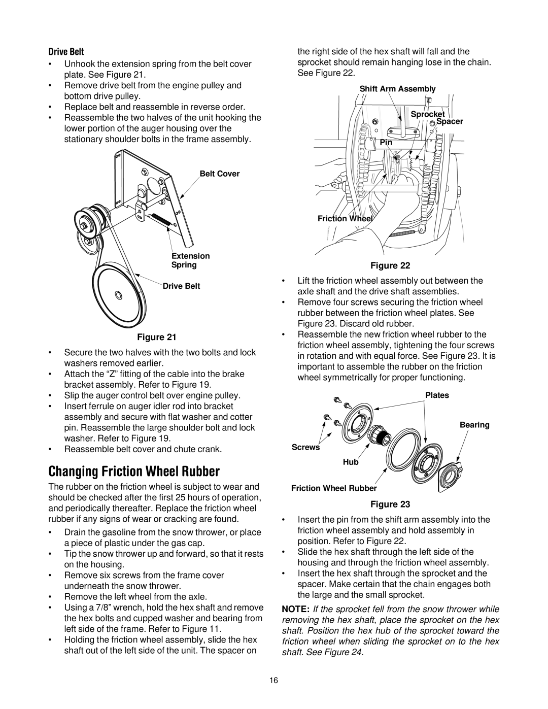 MTD 31AE993I401 manual Changing Friction Wheel Rubber, Drive Belt 