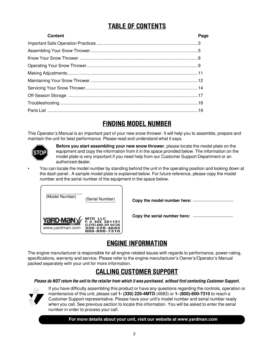 MTD 31AE993I401 manual Table of Contents 